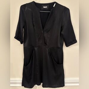 Reformation Black Satin V-Neck Mini Dress Pockets - Sz Medium